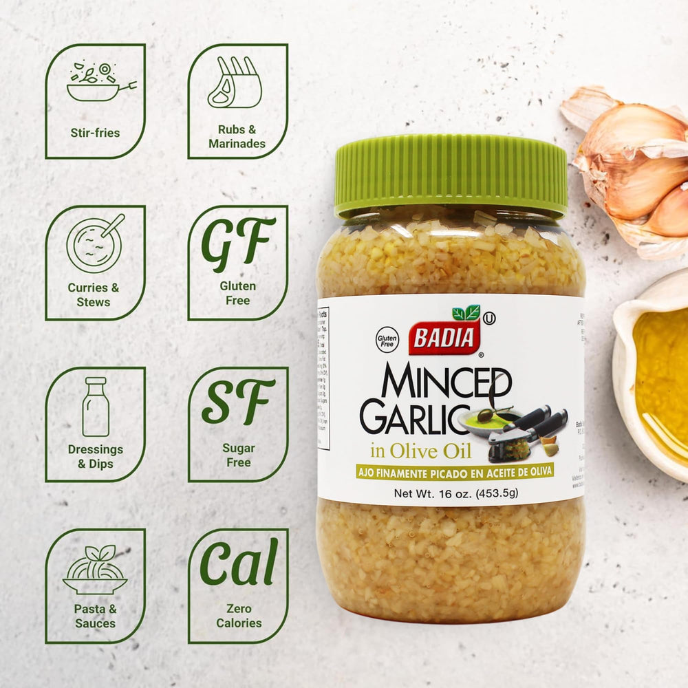Badia minced garlic in olive oil being spooned into a pan for fast flavor.