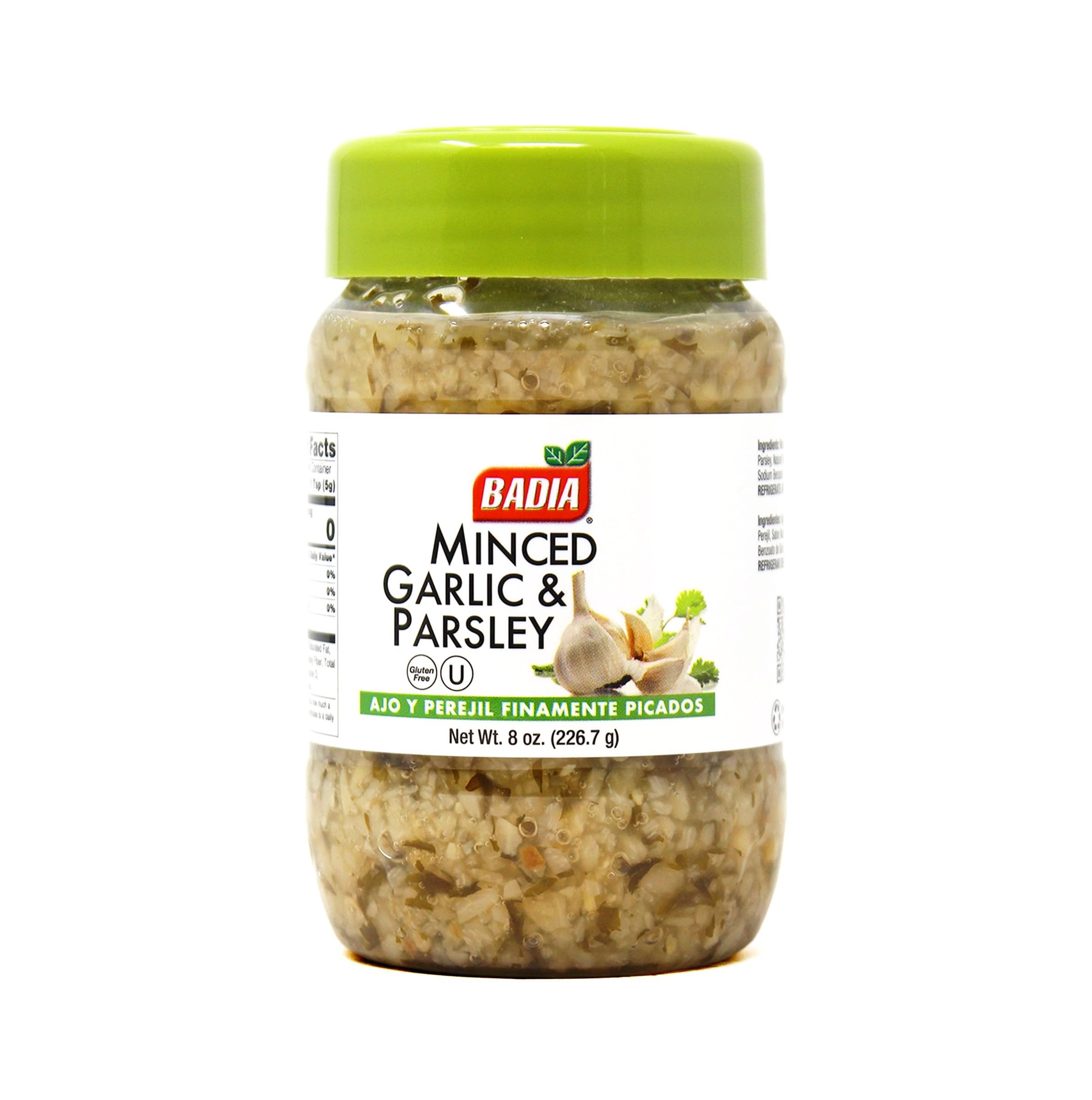Badia Minced Garlic & Parsley bottle adds ready-to-use savory flavor to meals.