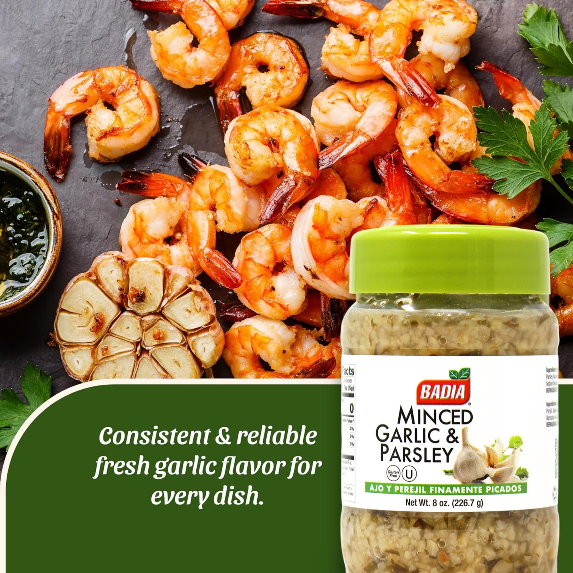 Badia Minced Garlic & Parsley salad dressing highlights fresh herbal notes.