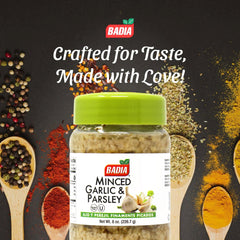 Badia Minced Garlic & Parsley vegetables image emphasizes quick flavor boost.