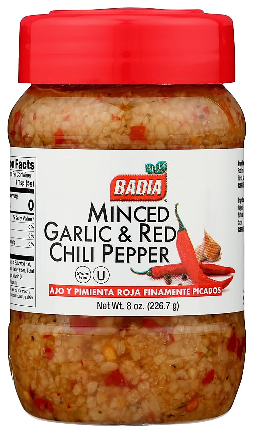 Badia Minced Garlic & Red Chili Pepper jar on shelf boosts flavor in everyday meals.