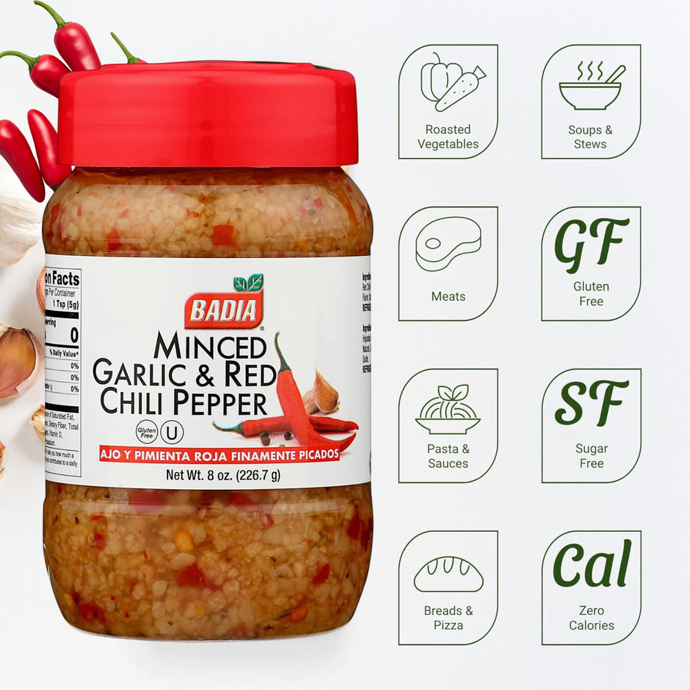 Badia Minced Garlic & Red Chili Pepper spoon dispensing aroma-rich mix for cooking.