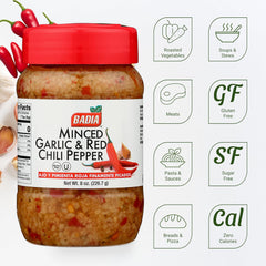 Badia Minced Garlic & Red Chili Pepper spoon dispensing aroma-rich mix for cooking.