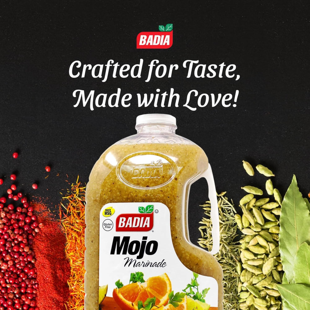 Pouring Badia Mojo Criollo Marinade over meat suggests juicy garlicky flavor