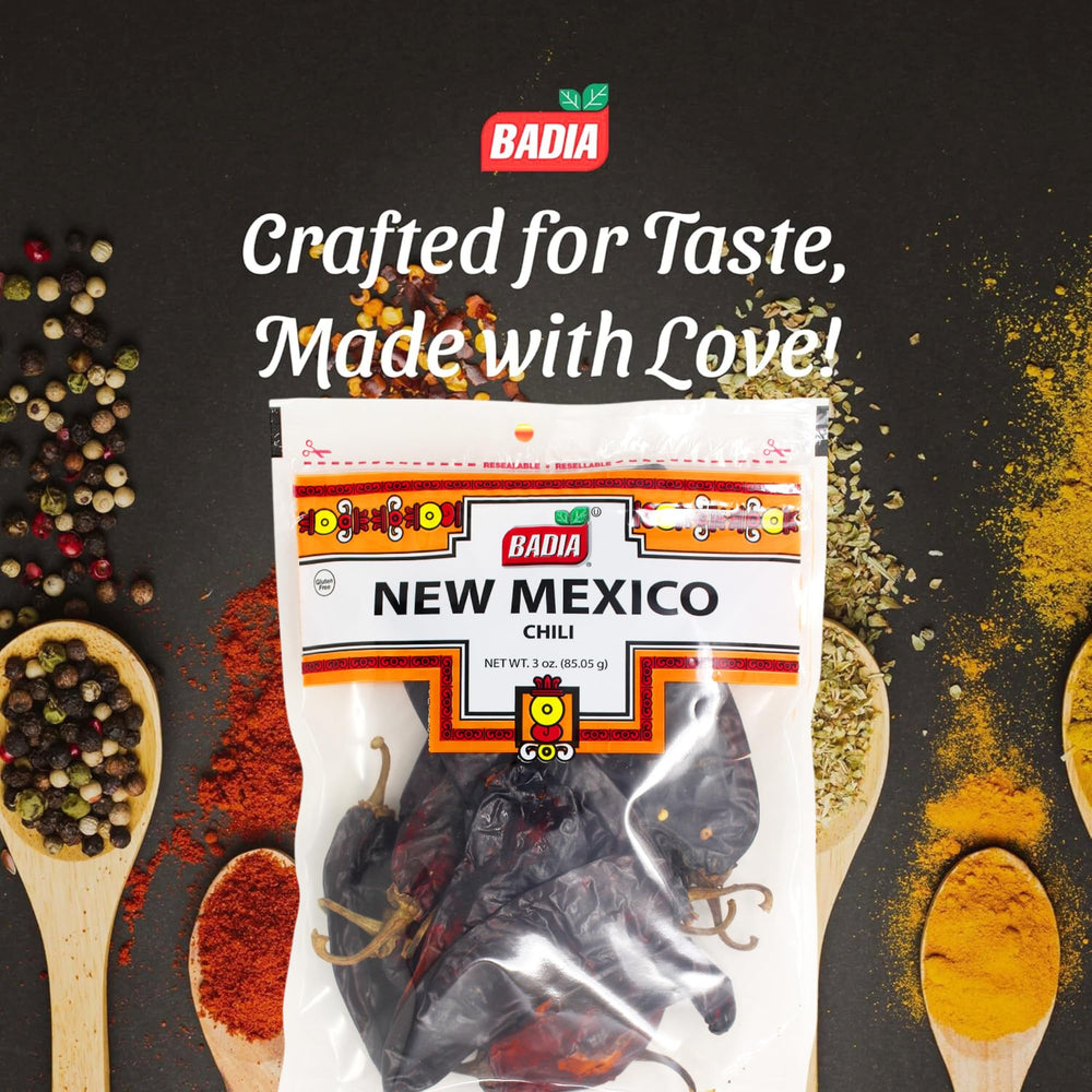Badia New Mexico Chili Pods close-up showing earthy aroma and color.