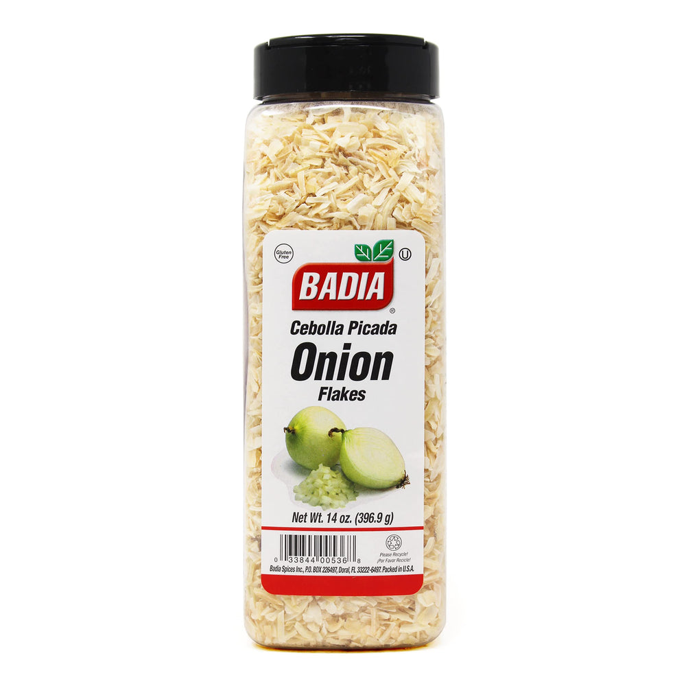 Closeup of Badia Onion Flakes showing dried onion pieces.