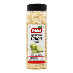 Closeup of Badia Onion Flakes showing dried onion pieces.