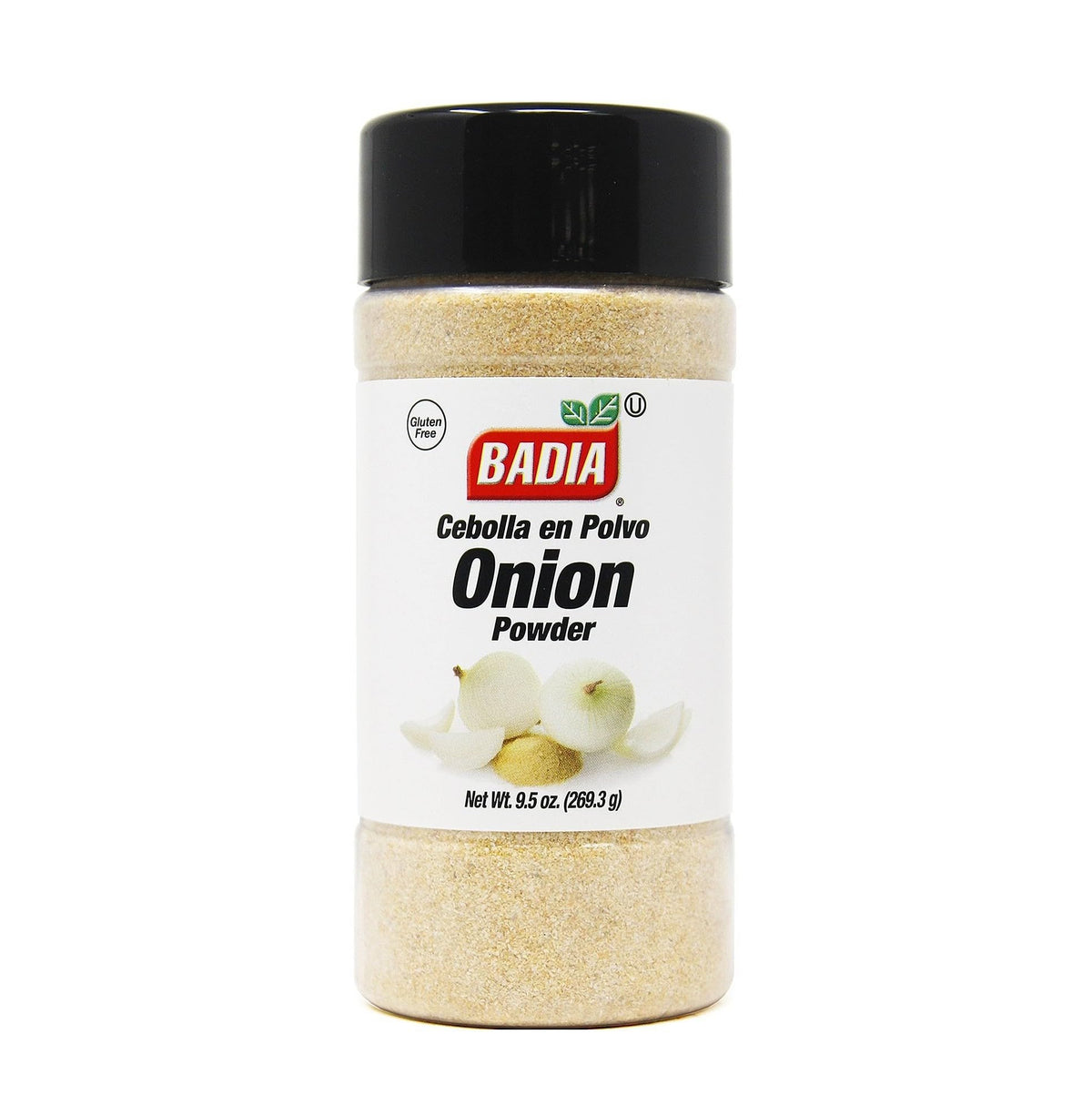 Badia Onion Powder bottle close-up showing fine texture for quick flavor boost