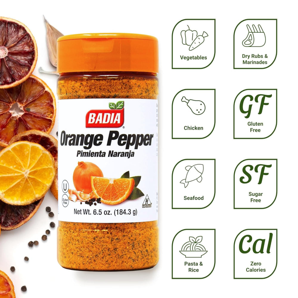 Badia Orange Pepper Seasoning bottle pour showing zesty citrus kick for chicken