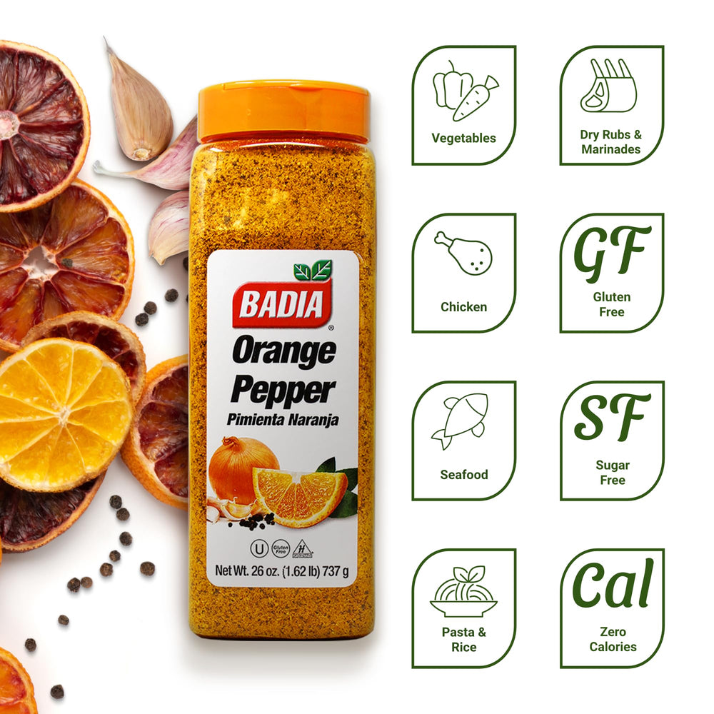 Badia Orange Pepper Seasoning pour bottle highlighting easy flavor addition.