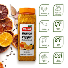 Badia Orange Pepper Seasoning pour bottle highlighting easy flavor addition.