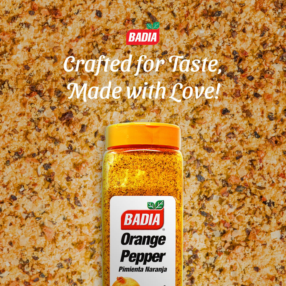 Badia Orange Pepper Seasoning with a seafood plate featuring bright citrus.