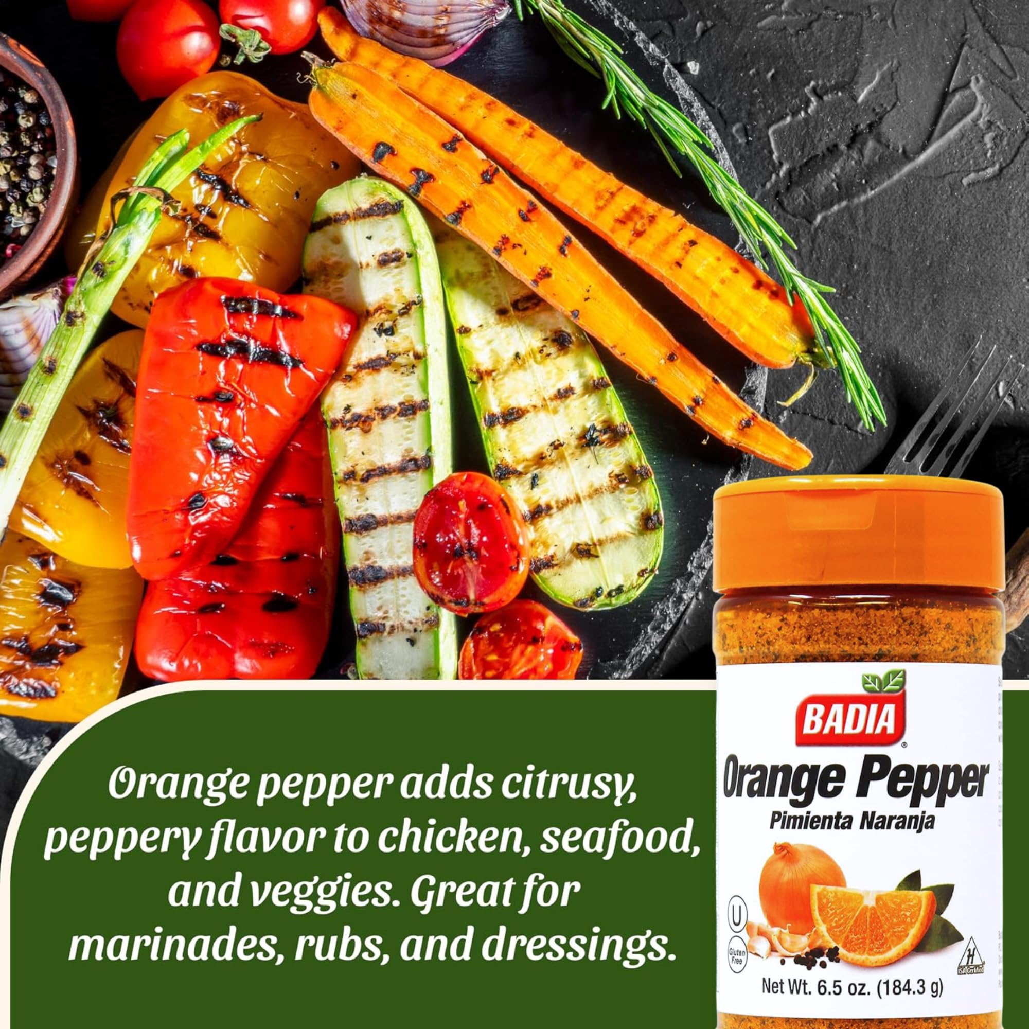 Badia Orange Pepper Seasoning spice sprinkle enhancing roasted vegetables' natural sweetness