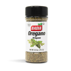 Badia Oregano Whole bottle closeup shows premium dried leaves for rich Italian flavor.