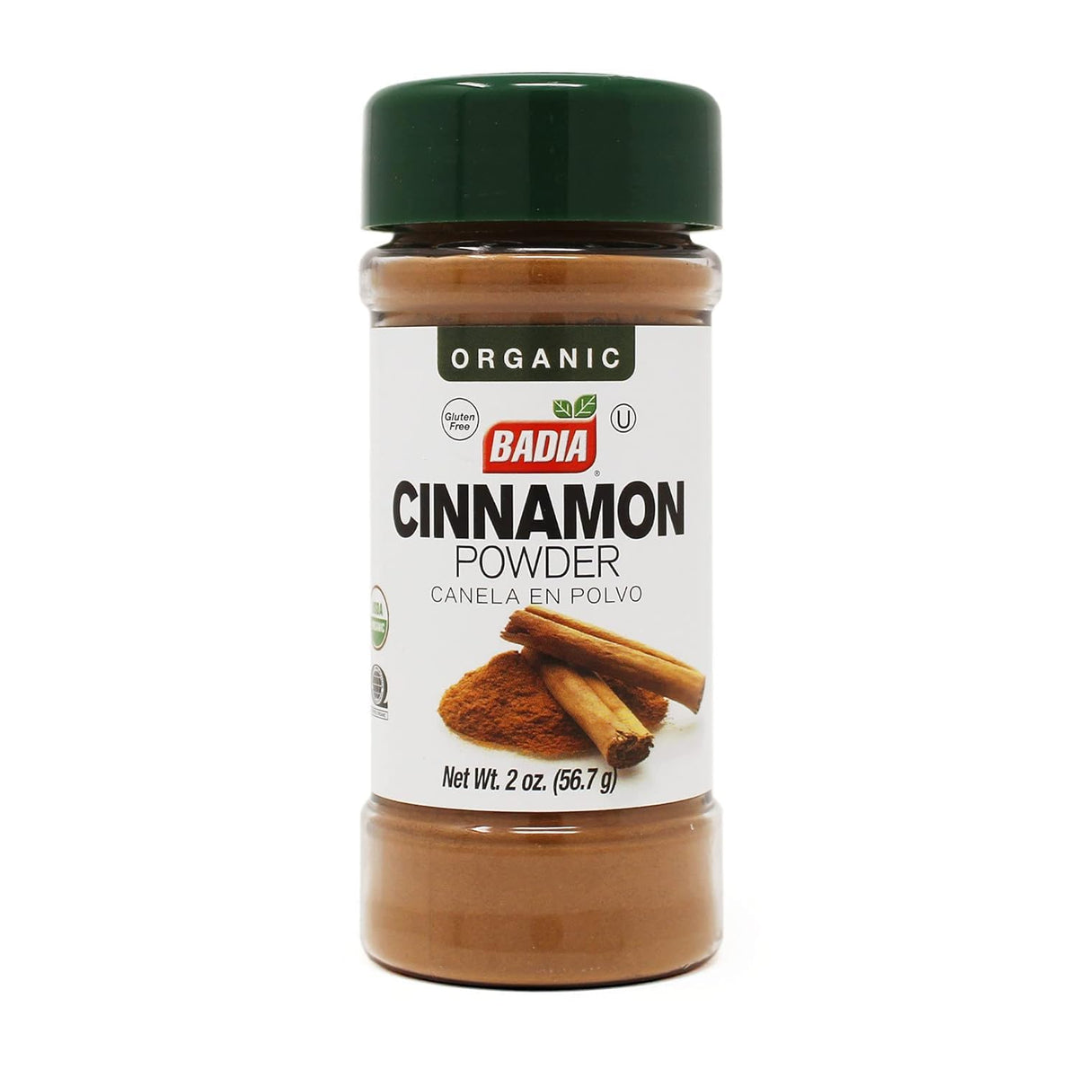 Badia organic cinnamon powder bottle on kitchen counter, ideal for baking and flavor enhancement.