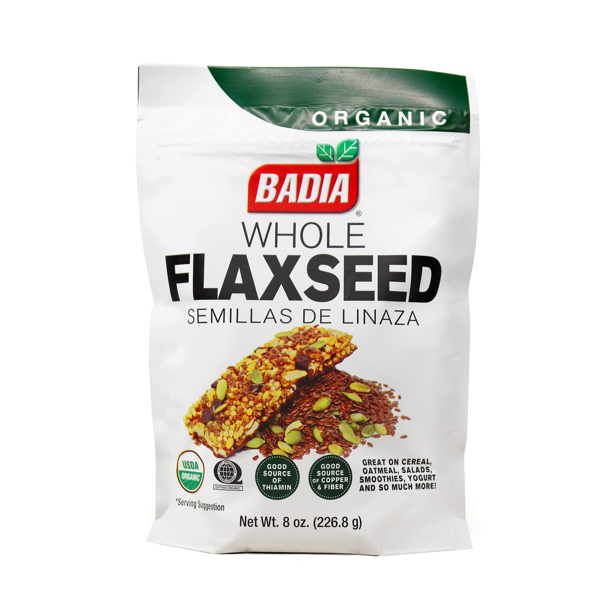 Badia Organic Flax Seed bag with resealable closure for easy storage and freshness.