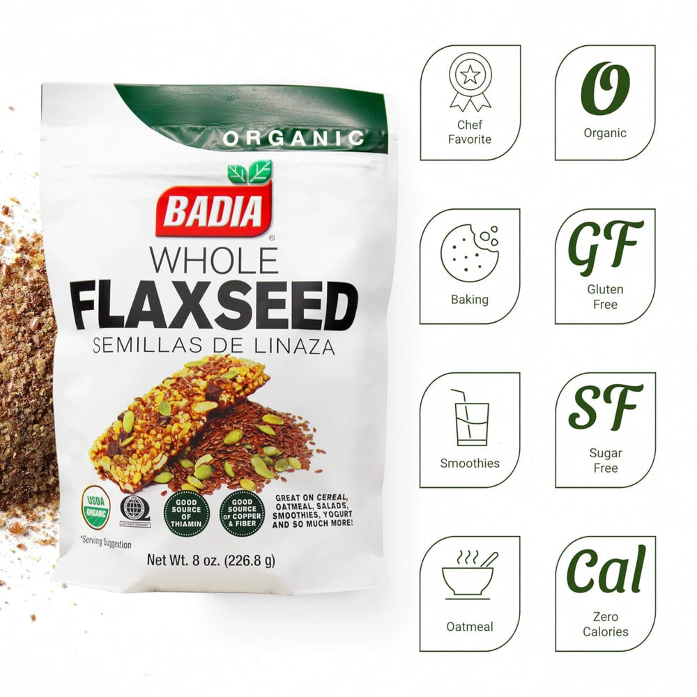 Badia Organic Flax Seed close-up reveals tiny, nutty seeds ideal for baking and smoothies.