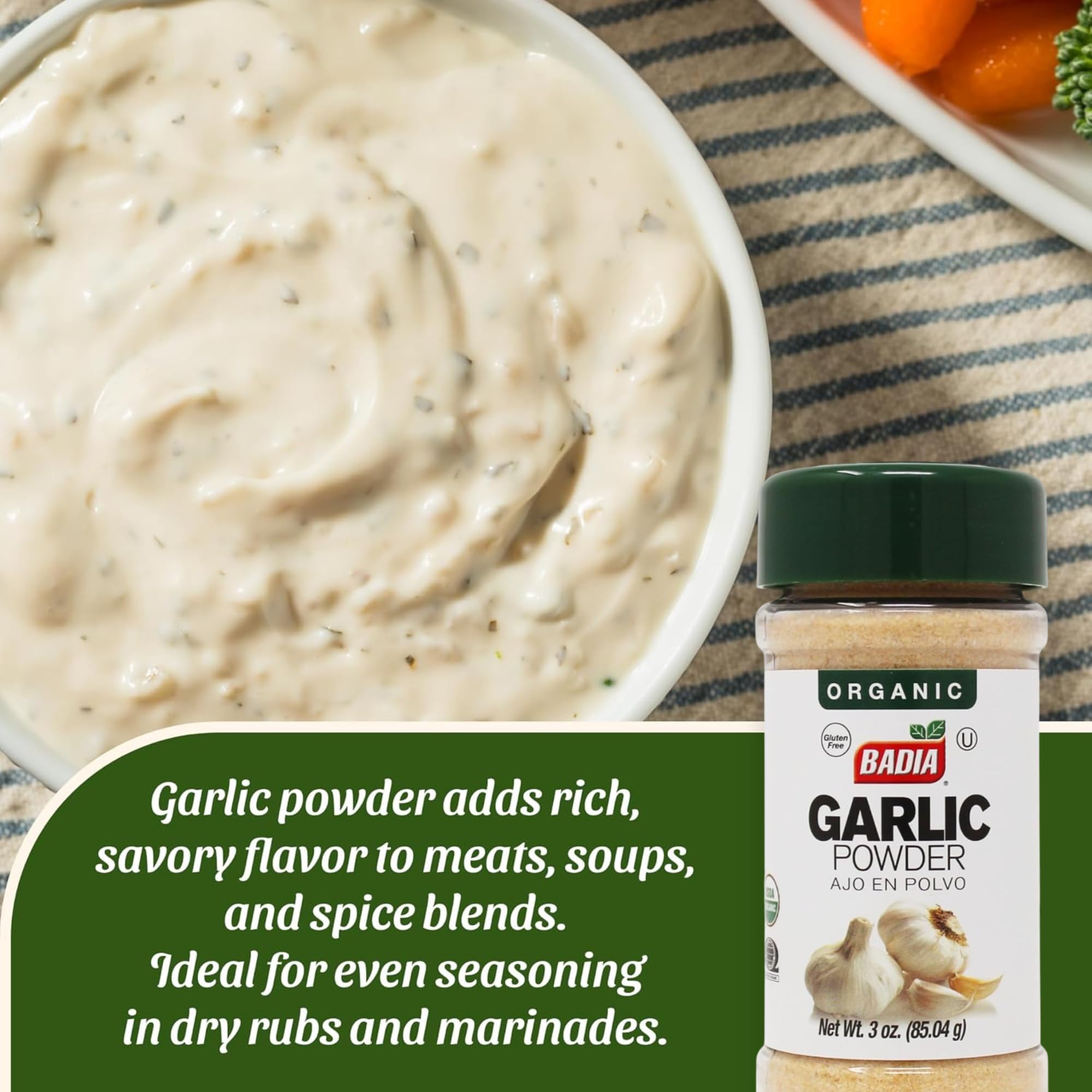 Badia Organic Garlic Powder dusting over meat for richer taste