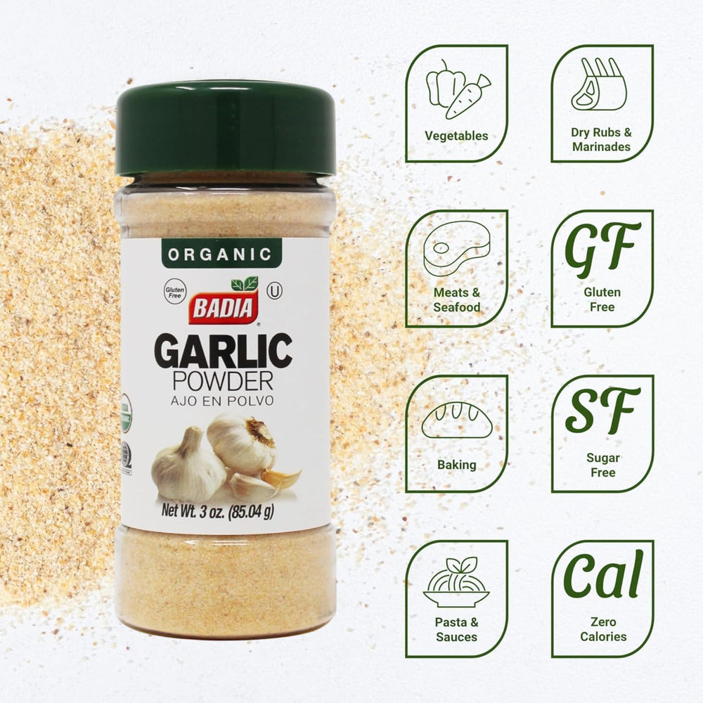 Badia Organic Garlic Powder being poured for quick, even seasoning