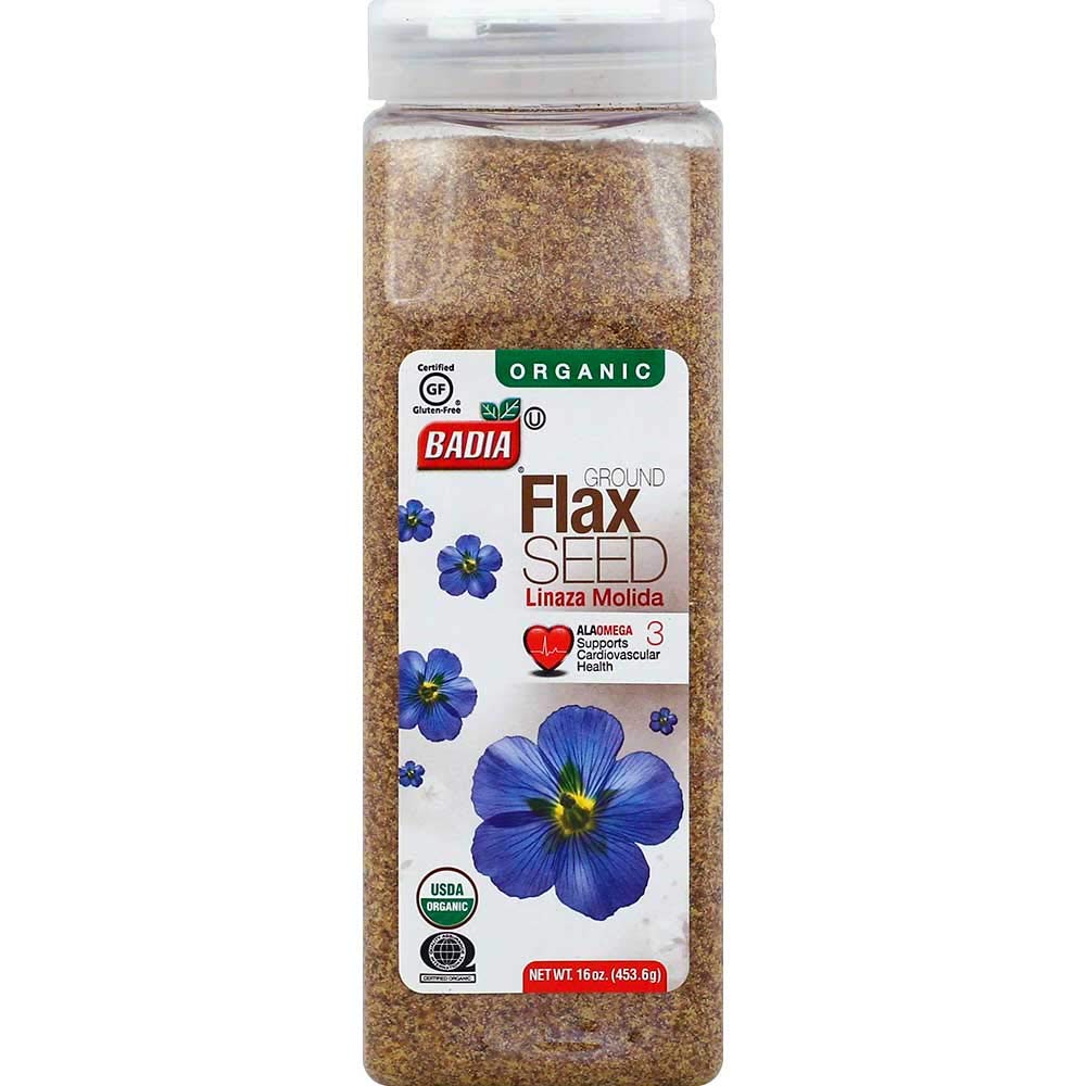 Badia organic ground flax seed bottle showing fiber-rich, plant-based nutrition for daily meals.