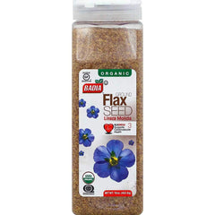 Badia organic ground flax seed bottle showing fiber-rich, plant-based nutrition for daily meals.
