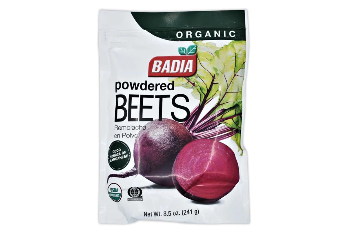 Badia Organic Powdered Beets bottle showcasing natural color for smoothies and baking
