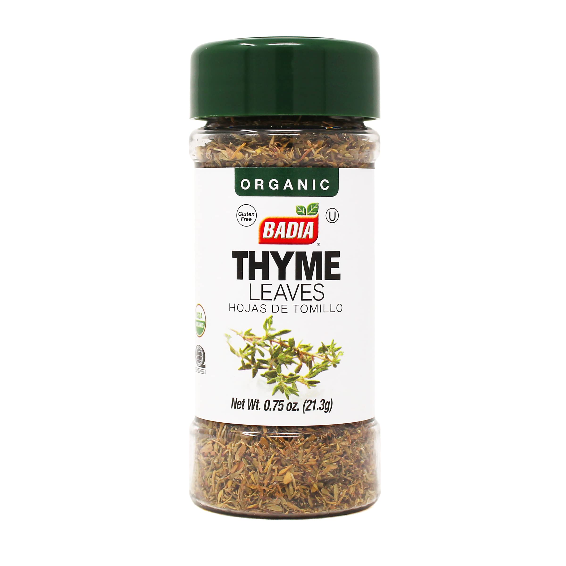 Badia Organic Thyme Leaves bottle view adds savory aroma to meats.