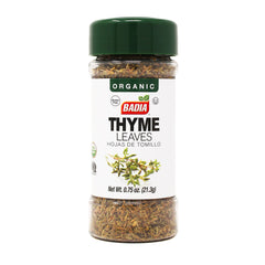 Badia Organic Thyme Leaves bottle view adds savory aroma to meats.