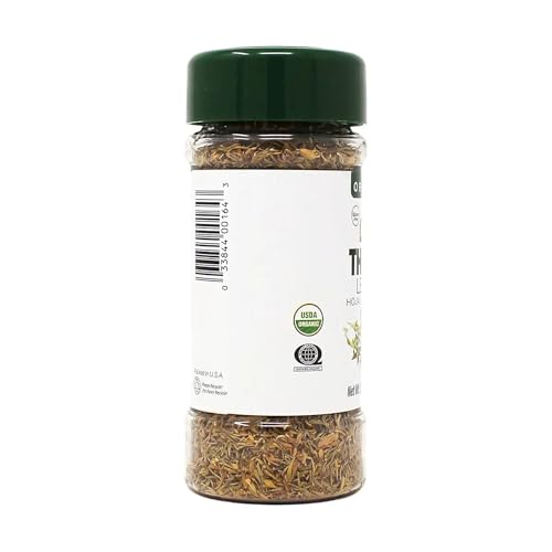 Badia Organic Thyme Leaves closeup highlights earthy, minty notes for soups.