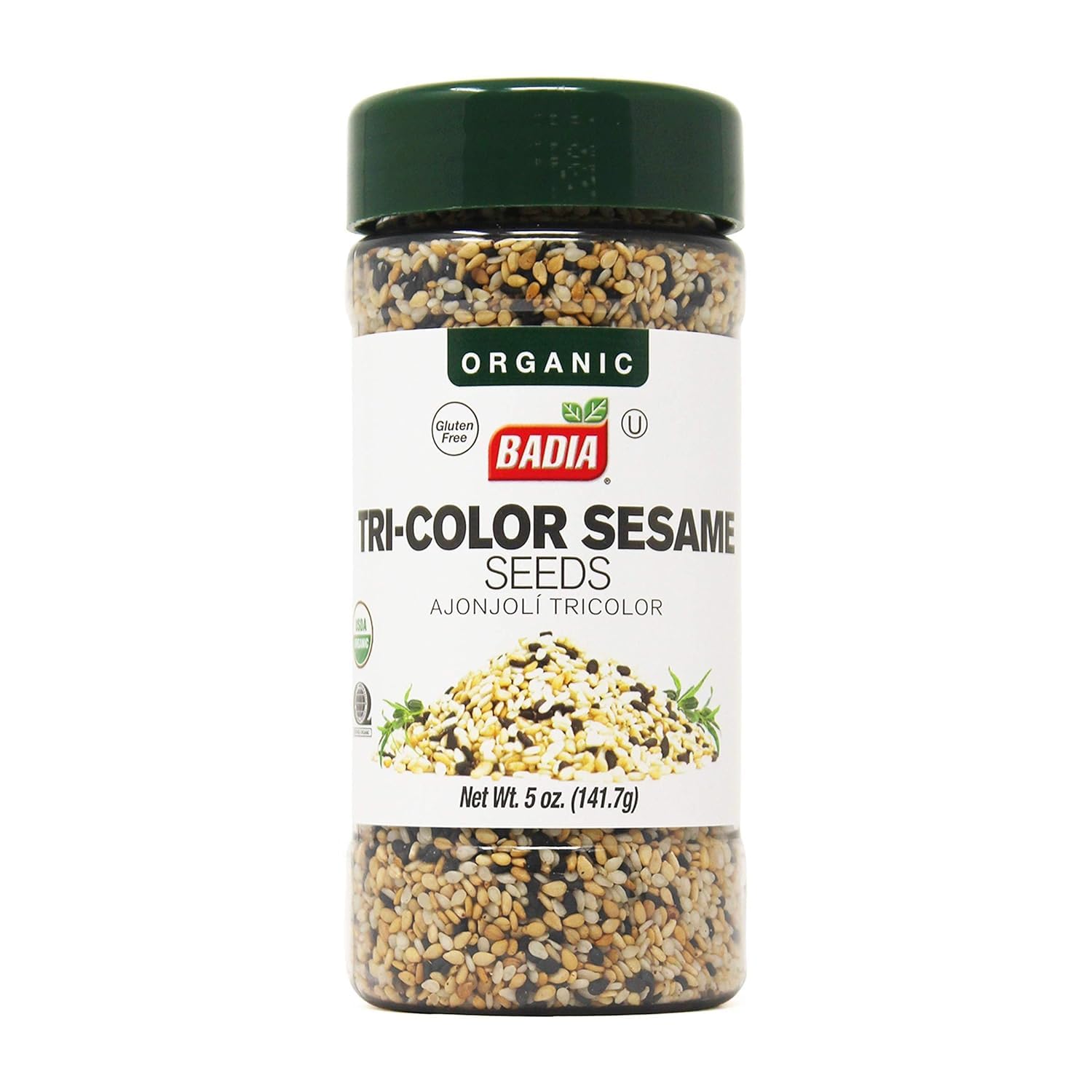 Badia Organic Tri-Color Sesame Seeds bottle—vibrant mix delivering nutty flavor for finishing stir-fries.