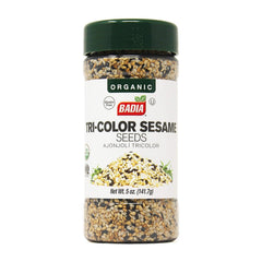 Badia Organic Tri-Color Sesame Seeds bottle—vibrant mix delivering nutty flavor for finishing stir-fries.