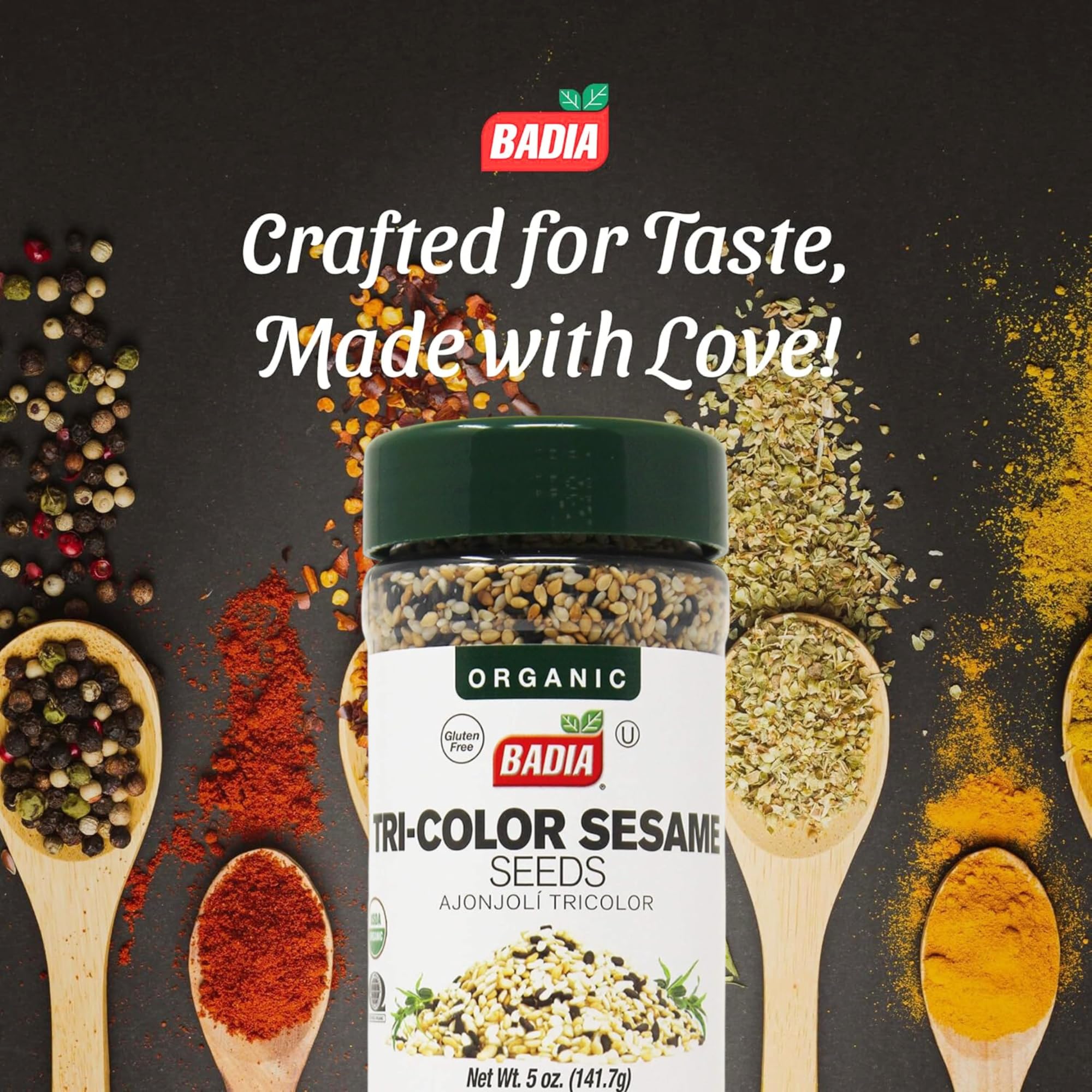 Badia Organic Tri-Color Sesame Seeds close-up—crisp toasted texture adds crunch to salads.