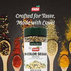 Badia Organic Tri-Color Sesame Seeds close-up—crisp toasted texture adds crunch to salads.