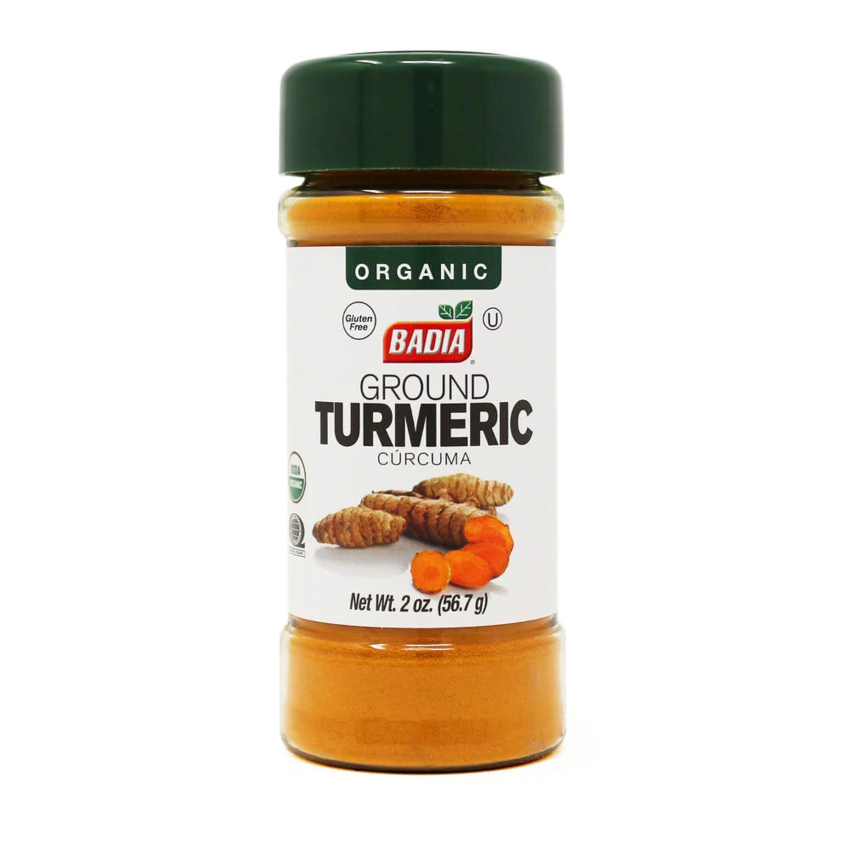 Badia Organic Turmeric Powder bottle pouring, adds vibrant color to curries and rice.