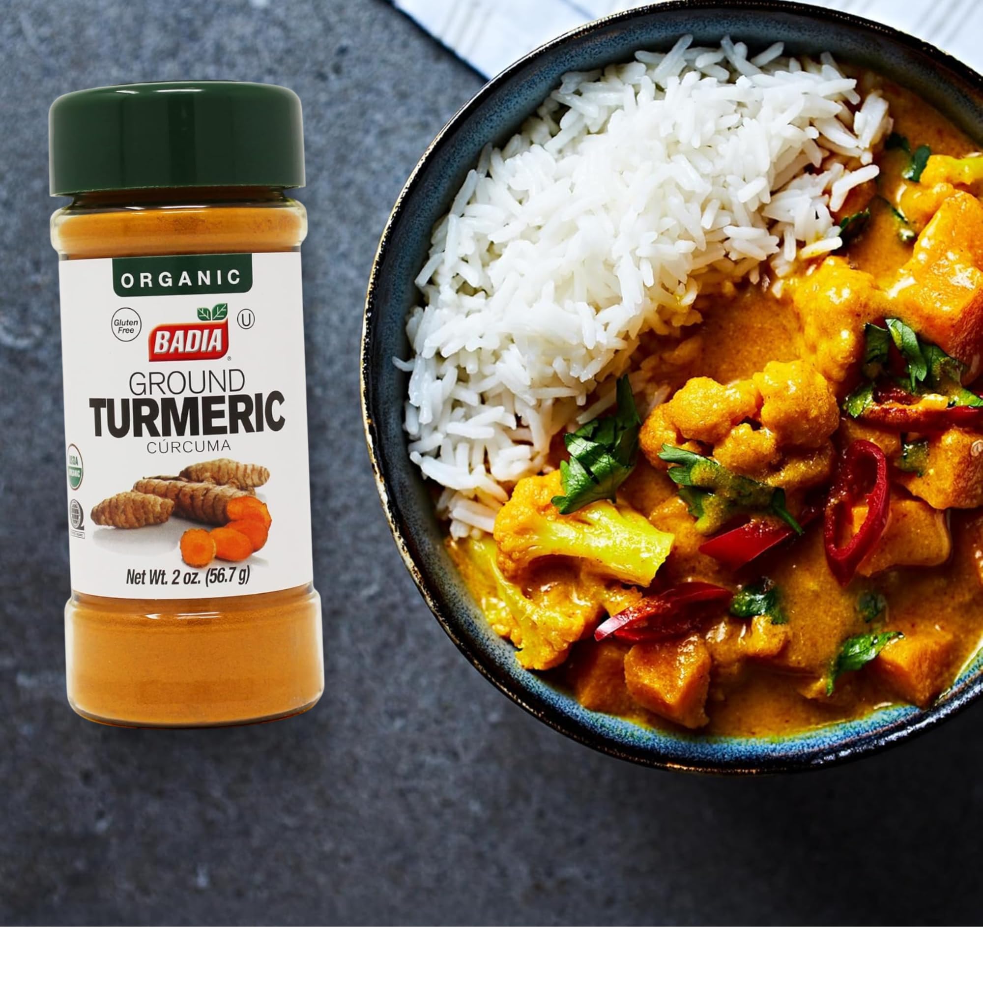 Badia Organic Turmeric Powder curry dish, vibrant color and warm aroma enhances meals.