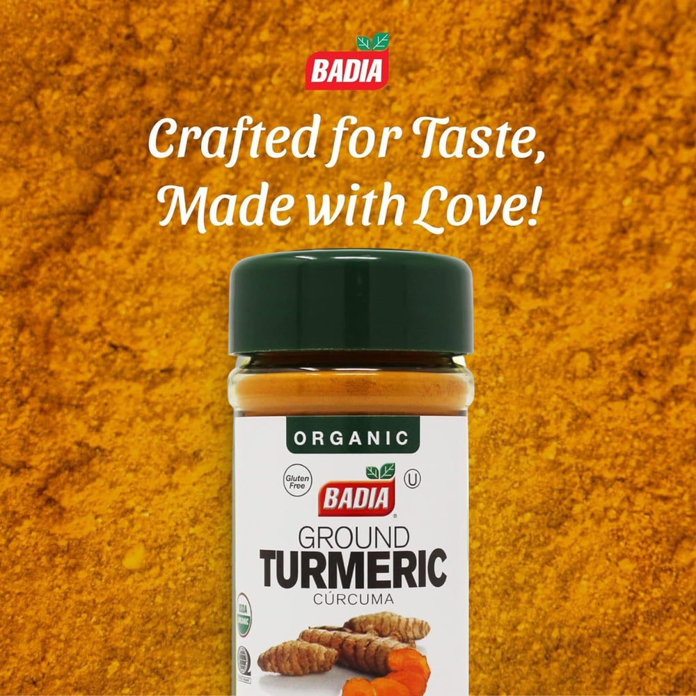 Badia Organic Turmeric Powder Golden Milk setup with spices and cup.