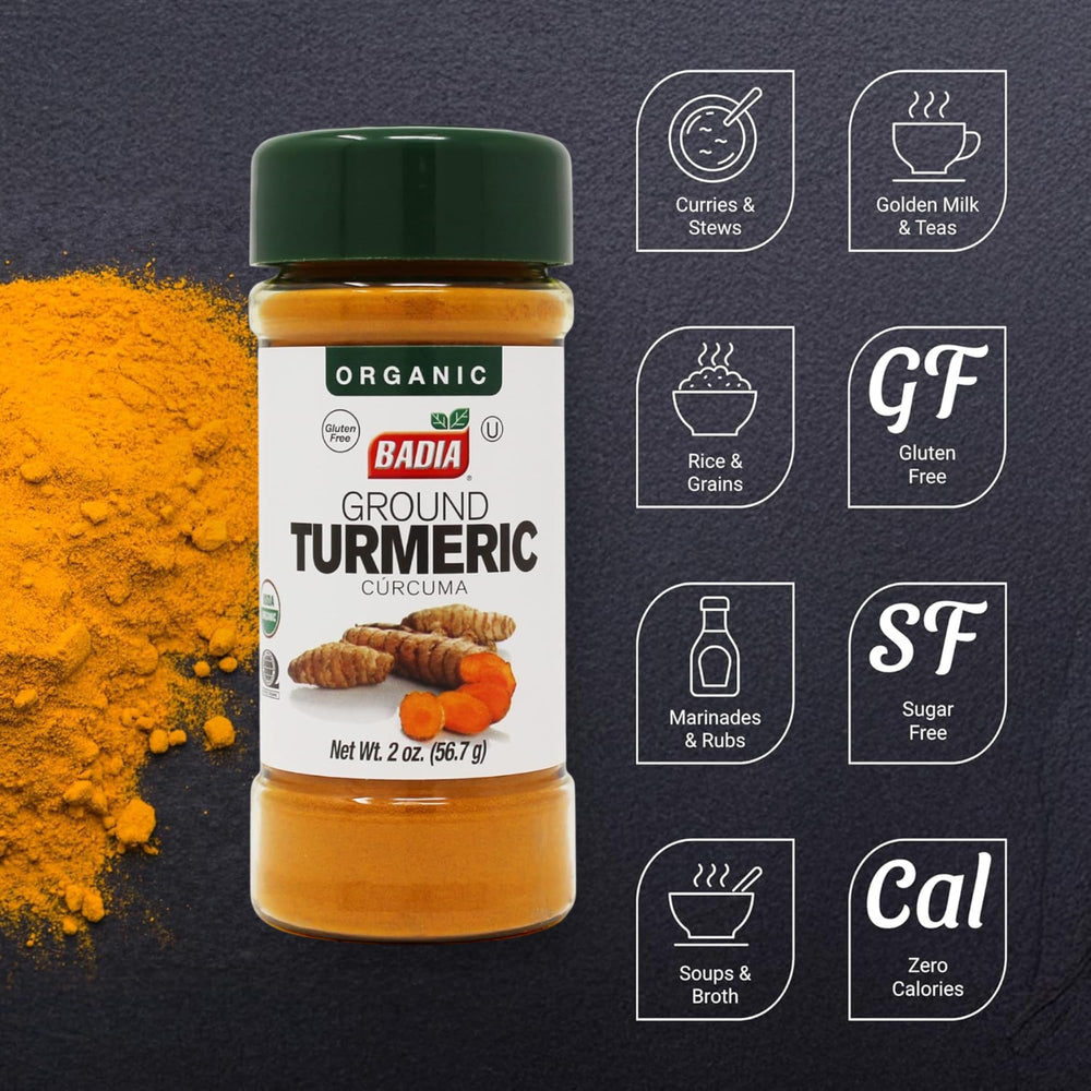Badia Organic Turmeric Powder jar on counter, ready for everyday cooking and Golden Milk.