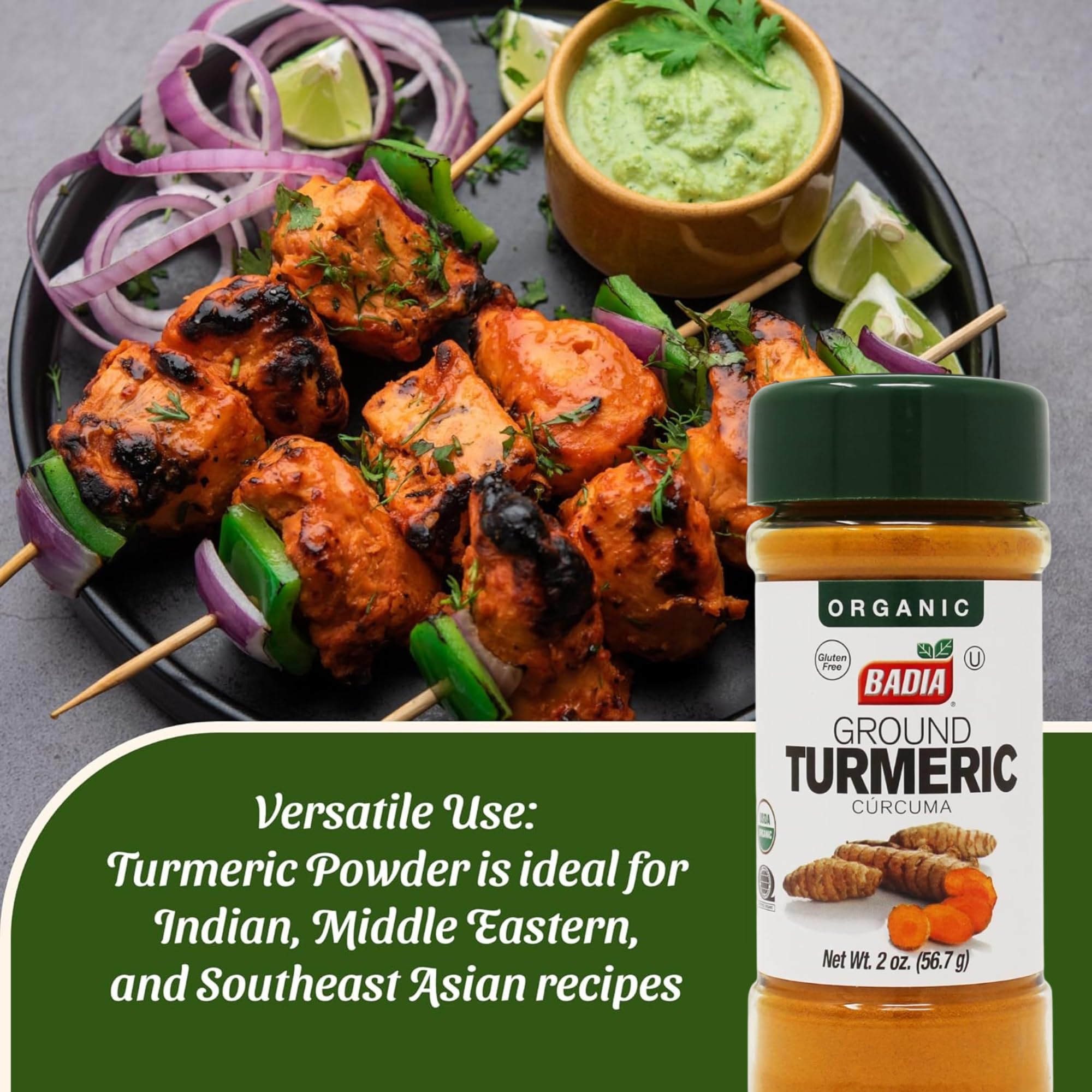 Badia Organic Turmeric Powder spoon pour brightens sauces with natural hue.
