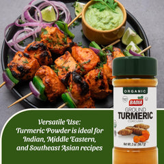Badia Organic Turmeric Powder spoon pour brightens sauces with natural hue.