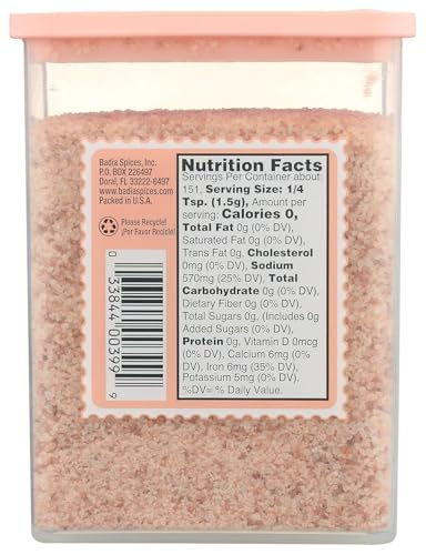 Badia Pink Himalayan Salt kitchen jar full signals fresh mineral seasoning.