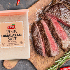 Badia Pink Himalayan Salt on a meat plate illustrating balanced saltiness.