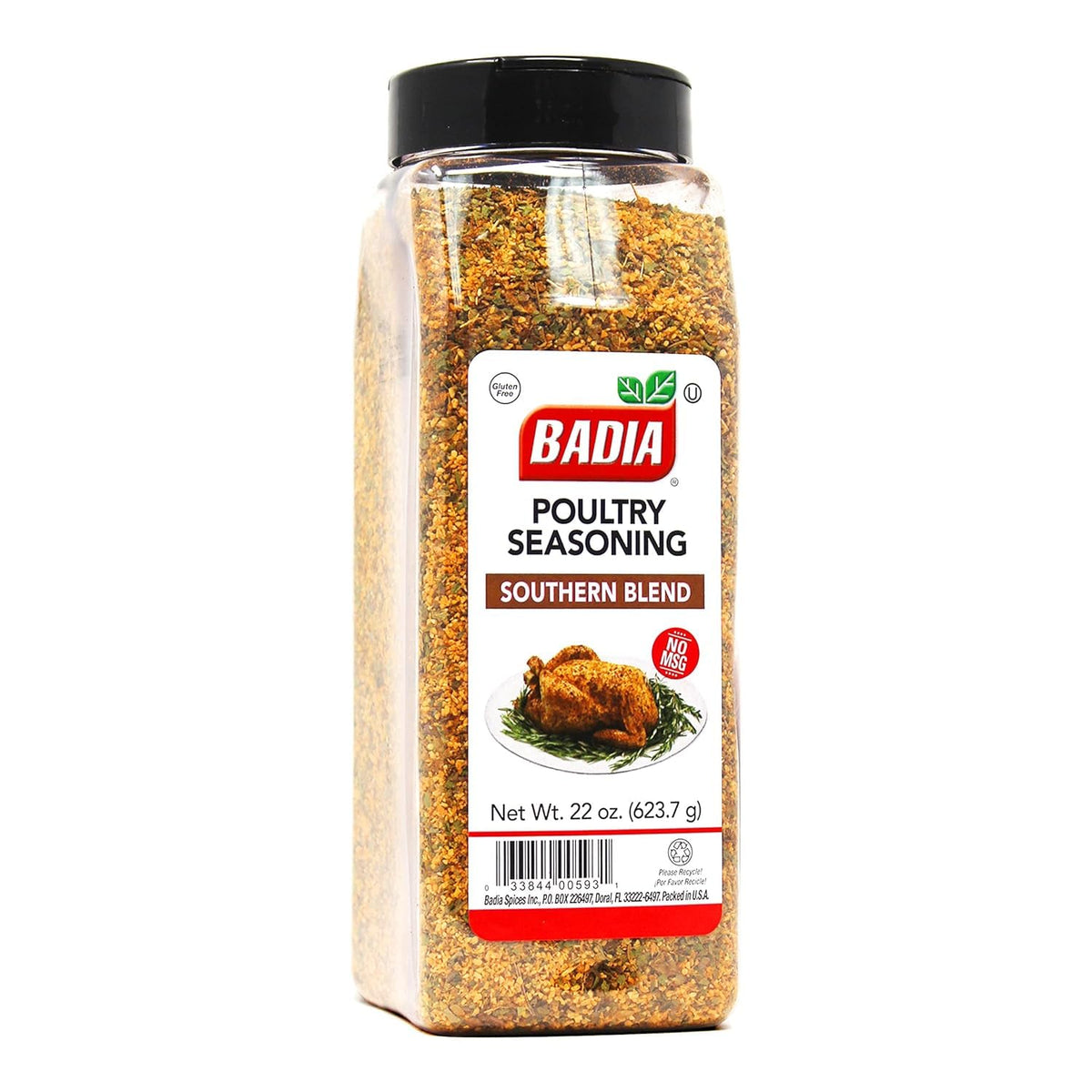 Badia Poultry Seasoning Southern Blend bottle close-up, enhancing roasted poultry aroma.