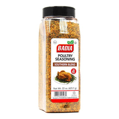 Badia Poultry Seasoning Southern Blend bottle close-up, enhancing roasted poultry aroma.