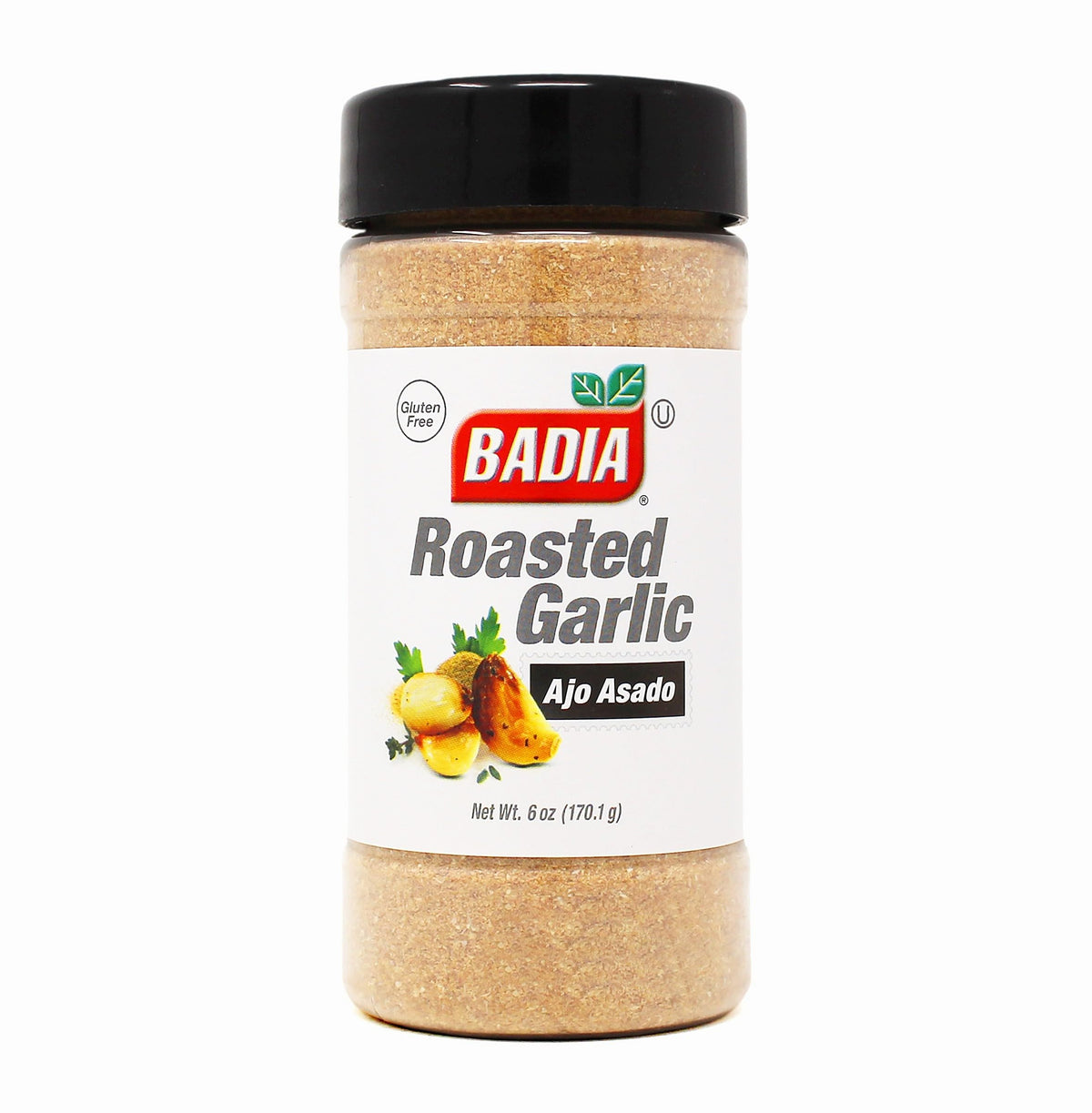 Badia Roasted Garlic Powder bottle on a clean kitchen shelf, versatile seasoning for meals.
