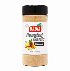 Badia Roasted Garlic Powder bottle on a clean kitchen shelf, versatile seasoning for meals.