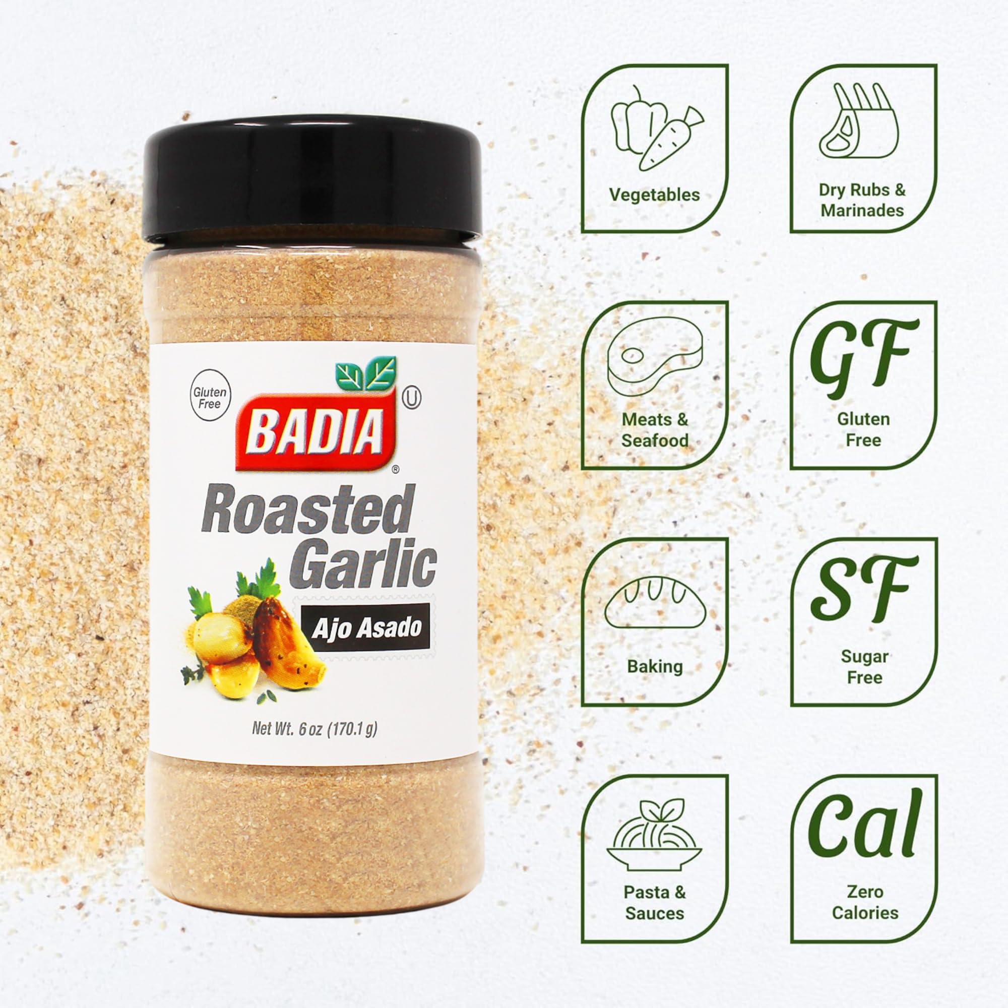 Close-up of Badia Roasted Garlic Powder texture, premium ingredients for rich, smoky notes.