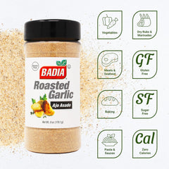 Close-up of Badia Roasted Garlic Powder texture, premium ingredients for rich, smoky notes.