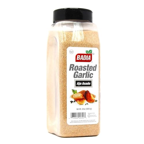 Badia Roasted Garlic Powder canister over a pot of simmering sauce for deeper aroma