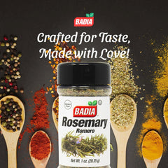 Badia dried rosemary leaves in resealable packaging preserving flavor and freshness.