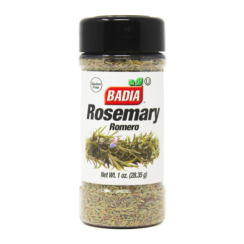 Badia rosemary leaves in a 1 oz jar delivering piney aroma for roasting and seasoning.